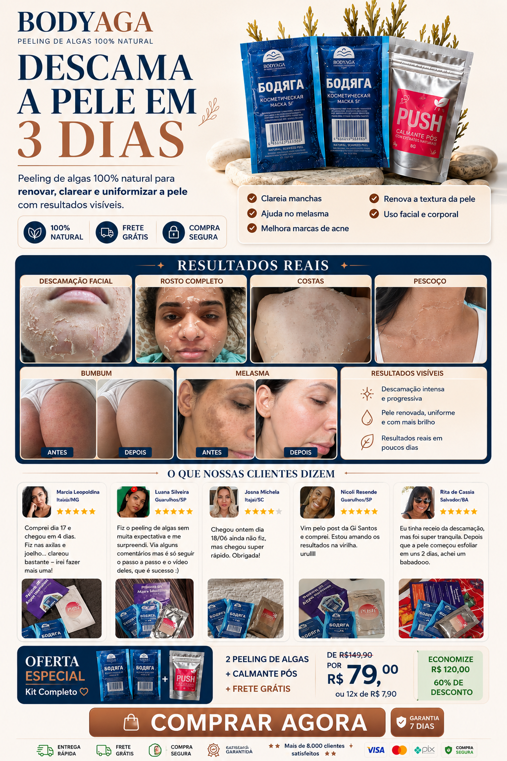 Oferta do Peeling de Algas BODYAGA com resultados, avaliações e botão comprar agora